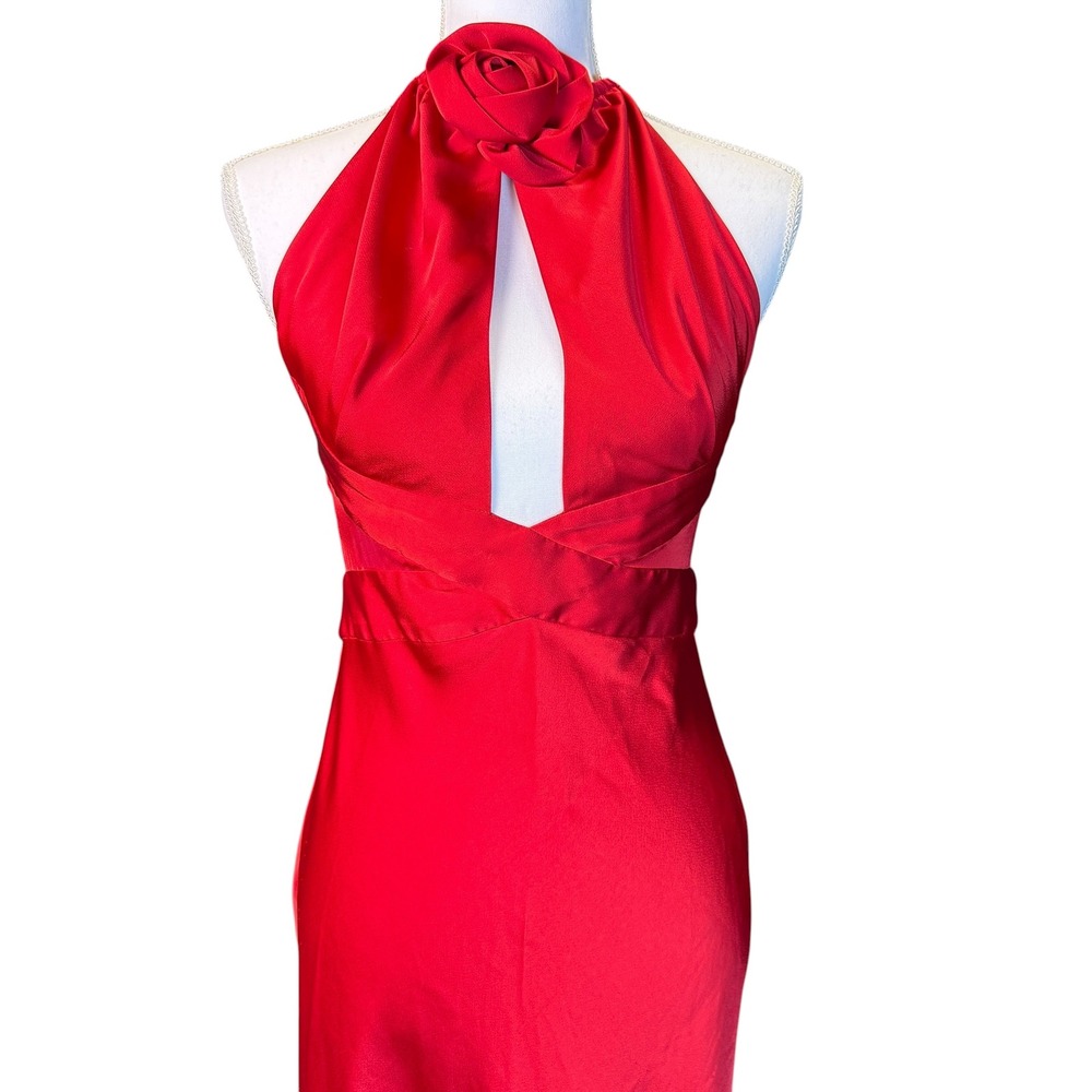 RONNY KOBO Wonder Red Satin Gown Halter Neck Maxi‎ Dress with Rose Detail Size S - Picture 4 of 14
